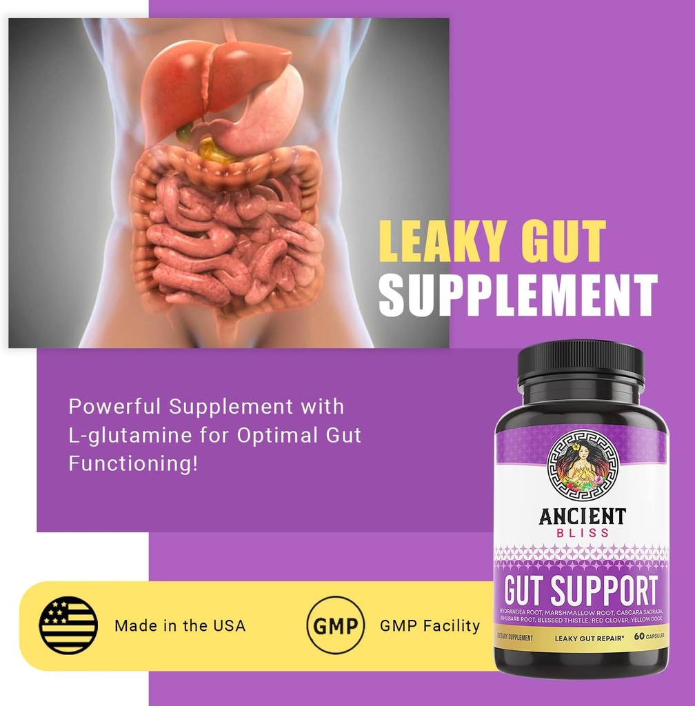 Ancient Bliss Leaky Gut Supplement, L Glutamine Capsules for Gut Support with Blessed Thistle and Hydrangea Root, Vegan and Non-GMO, 60 Capsules 3