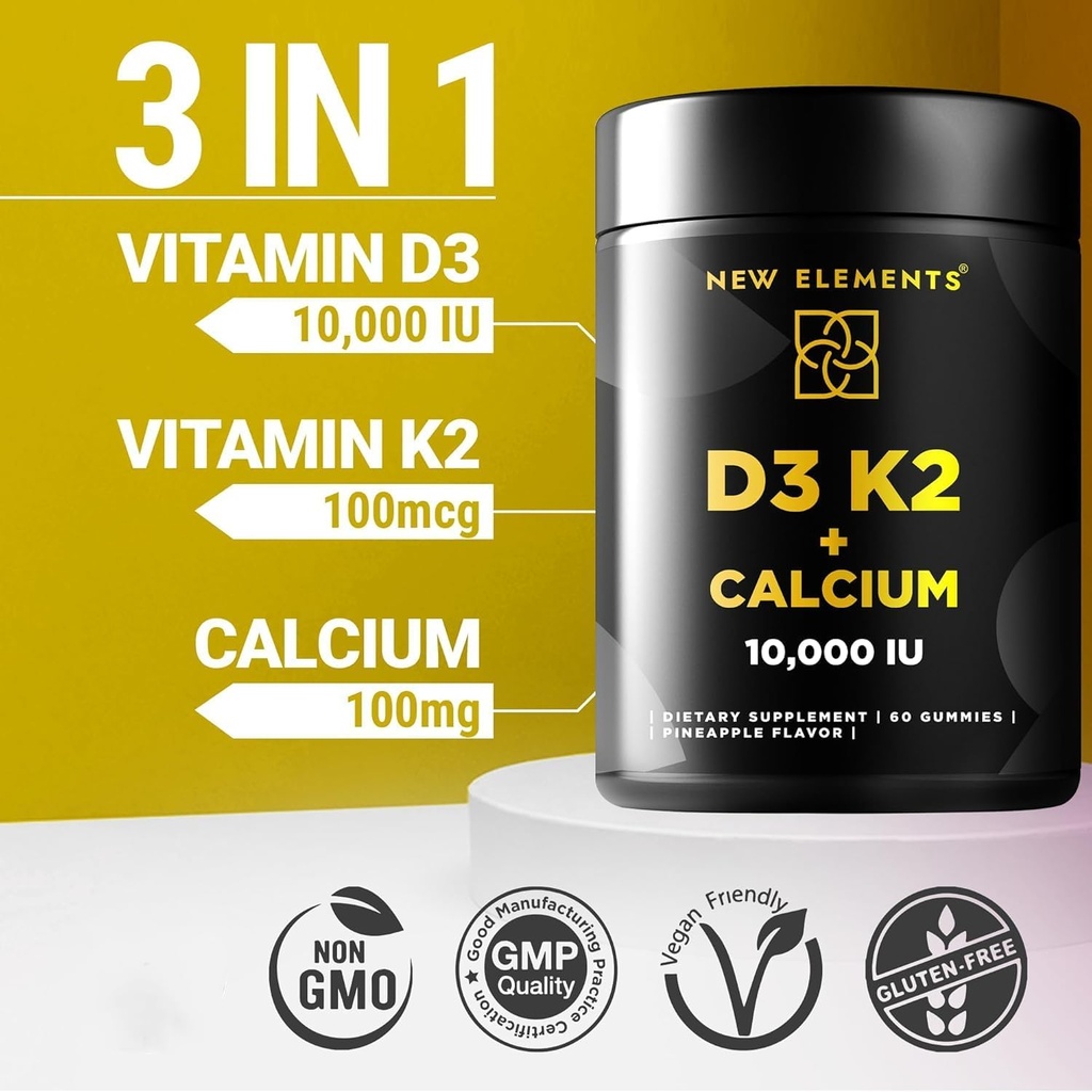 Vitamin D3 K2 Gummies 10000 IU with Calcium 100mg - VIT D3 for Adults - Mk7 Vitamin K2 100mcg - Vitamin D Supplement for Men & Women - Vegan Gluten Free Non-GMO 6