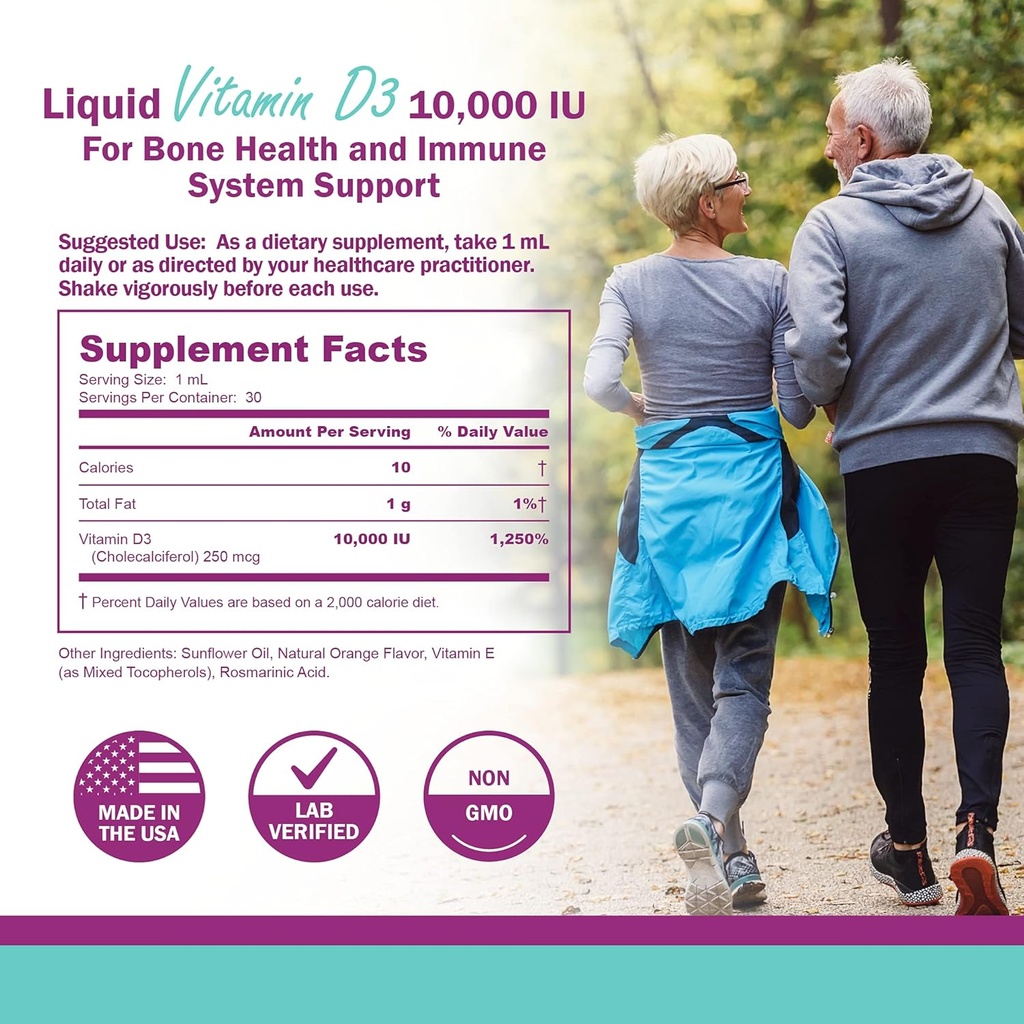 Vitamin D Liquid Drops for Adults: Vegan D3 10000 IU for Immune Support & Bone Strength Supplements, Non-GMO & Gluten Free Liquid Vitamin D for Women & Men, 30ml, 30 Servings 6