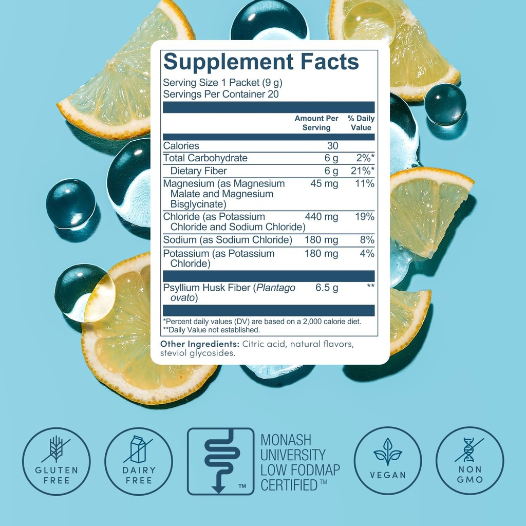 Psyllium Husk Fiber Lemonade 20 Count Travel Packs (6g Per Packet) - Psyllium Husk Powder for Digestive Health & Bloating Relief, Gluten Free, Sugar Free Prebiotic Fiber Powder, Non-GMO Supplement 6