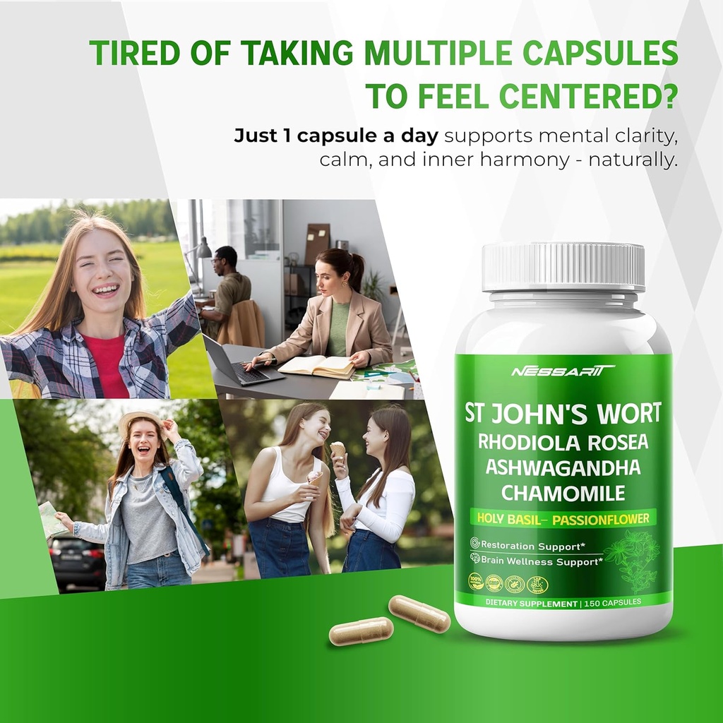 ST John's Wort 14-in-1 Natural Blend with Rhodiola Ashwagandha Chamomile Holy Basil L-Theanine Valerian Passionflower - 150 Count - Made & Tested in The USA 3