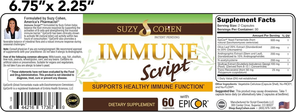 Immune Script with Epicor, Indian Echinacea Andrographis, Olive Leaf, Skullcap Root for Optimal Immune Function 5