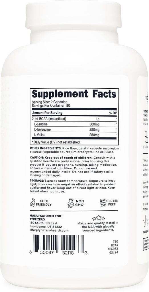 Type Zero BCAA 1000mg (180 Capsules, 90 Servings), Branched Chain Amino Acids (500mg of L-Leucine, 1000mg of L-Isoleucine and L-Valine) 6