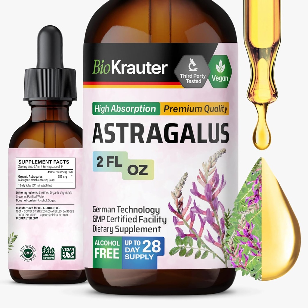BIO KRAUTER Astragalus Tincture - Astragalus Root Liquid Extract for Immune Support - Alcohol and Sugar Free - High Absorption - Vegan Drops 2 Fl.Oz. 2