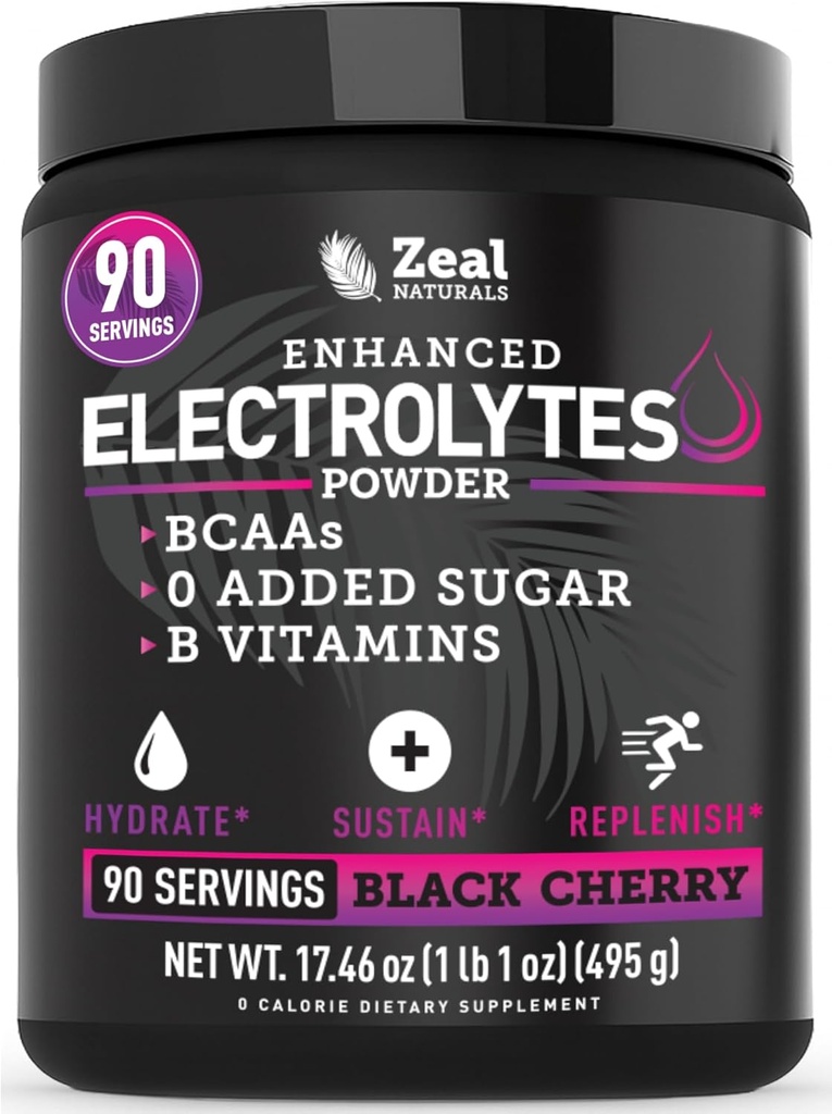 Zeal Naturals Electrolyte Powder Recovery Drink (90 Servings | Black Cherry) w 0 Sugar +BCAAs +B-Vitamins Electrolyte Supplement w Potassium Zinc & Magnesium for Hydration - Keto Electrolytes 2