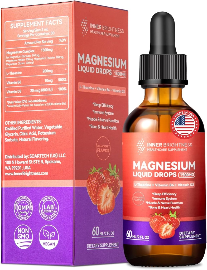 Magnesium Glycinate Liquid Drops 1500mg with Magnesium Citrate & Taurate, L-Theaine, Vitamin D3, B6, Supports Calm, Sleep, Muscle Relaxation, Leg Cramps & Energy, Strawberry Flavor, 60 mL 2