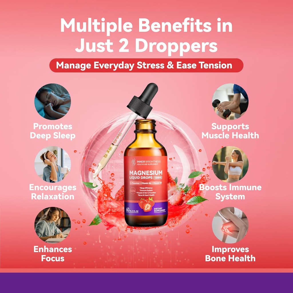 Magnesium Glycinate Liquid Drops 1500mg with Magnesium Citrate & Taurate, L-Theaine, Vitamin D3, B6, Supports Calm, Sleep, Muscle Relaxation, Leg Cramps & Energy, Strawberry Flavor, 60 mL 3