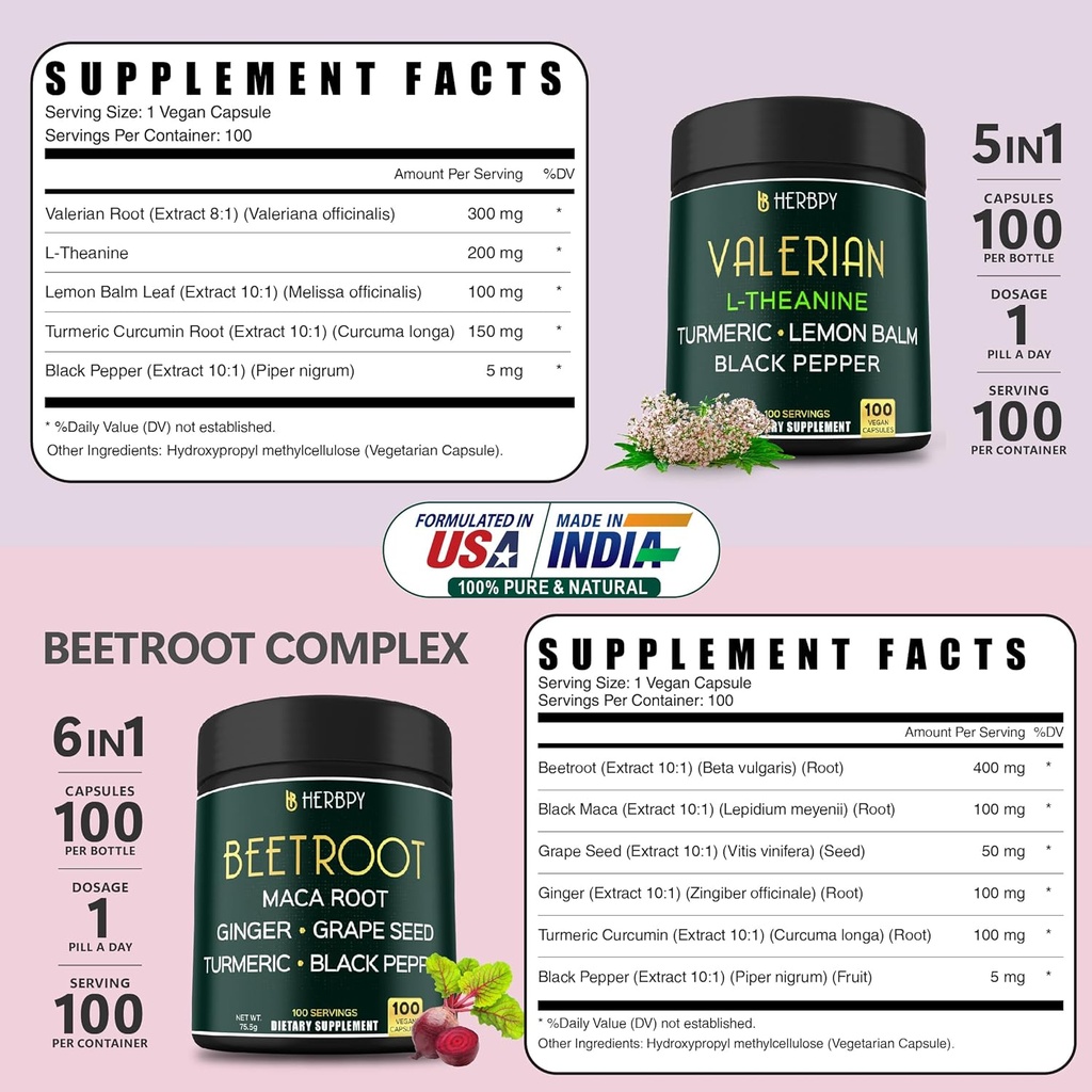 Bundle 5in1 Valerian Root Supplement & 6in1 Beet Root Capsules - Support Restful Night, Heart Health, Digestive and Immune 3