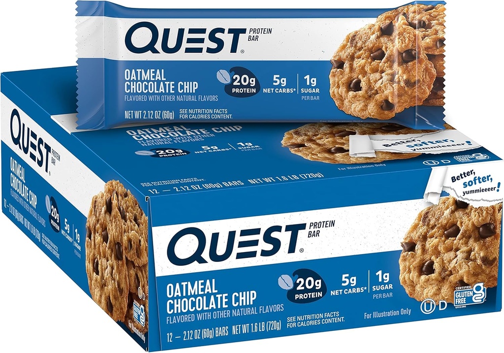 Quest Nutrition Oatmeal Chocolate Chip Protein Bars, 20g Protein, 1g Sugar, 5g Net Carb, Gluten Free, Keto Friendly, 12 Count 2