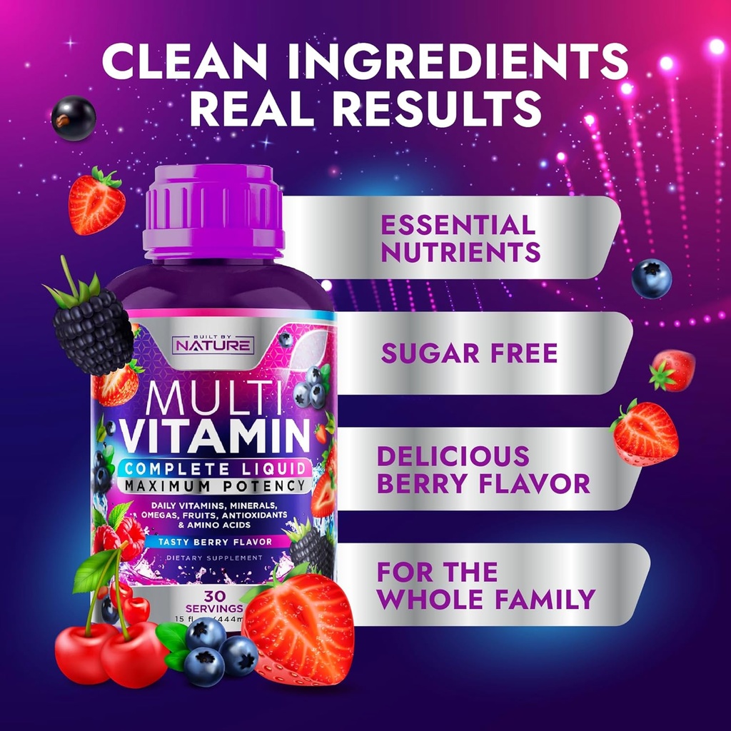 Liquid Multivitamin for Women, Men, and Kids - Liquid Vitamins Supplement for Adults - Natural Multimineral - Vegan, Non-GMO, Gluten Free, Sugar Free – Delicious Berry Flavor - 15 Fl Oz, 30 Servings 4