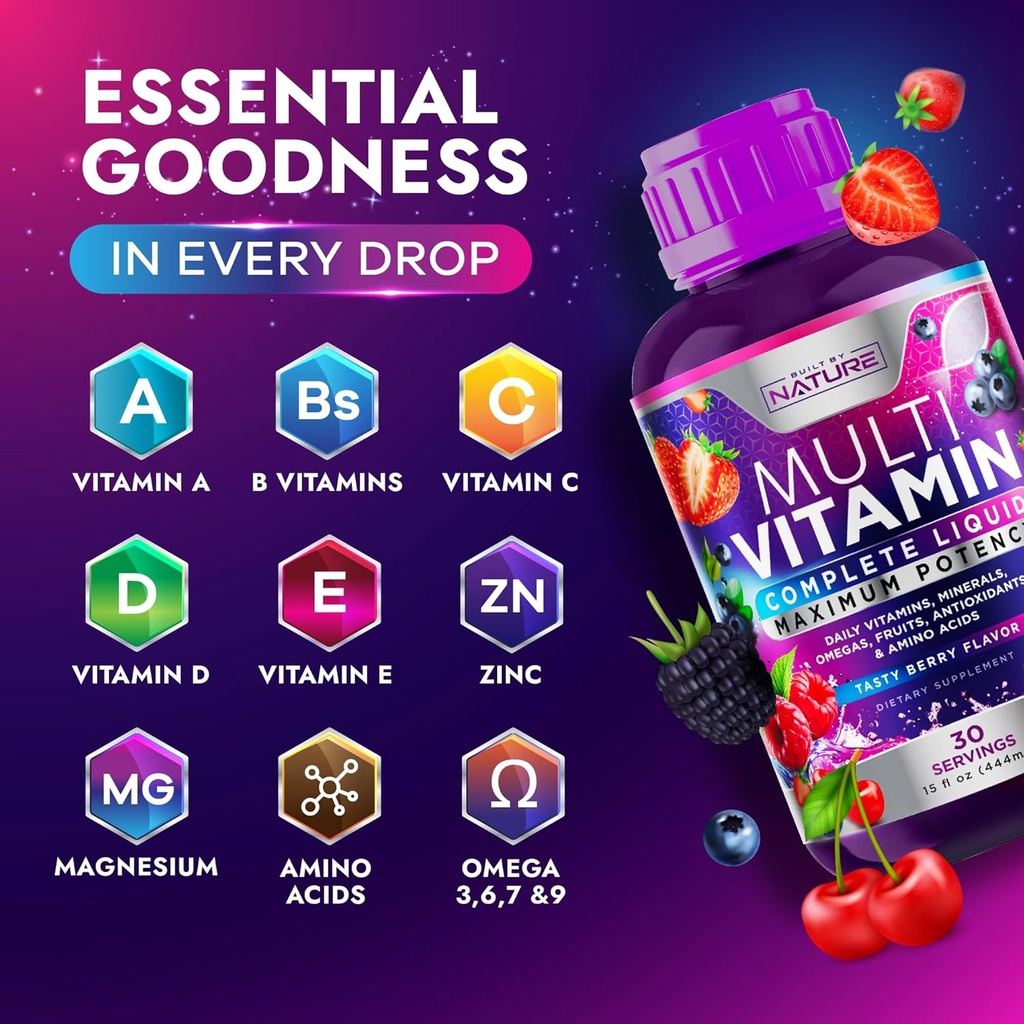Liquid Multivitamin for Women, Men, and Kids - Liquid Vitamins Supplement for Adults - Natural Multimineral - Vegan, Non-GMO, Gluten Free, Sugar Free – Delicious Berry Flavor - 15 Fl Oz, 30 Servings 5