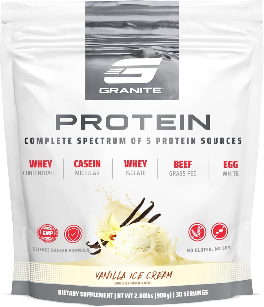 Granite Nutrition Protein Powder - Premium 5-Source Blend (Whey, Casein, Egg, Grass-Fed Beef) for Lean Muscle and Recovery - Vanilla Ice Cream, 30 Servings 2