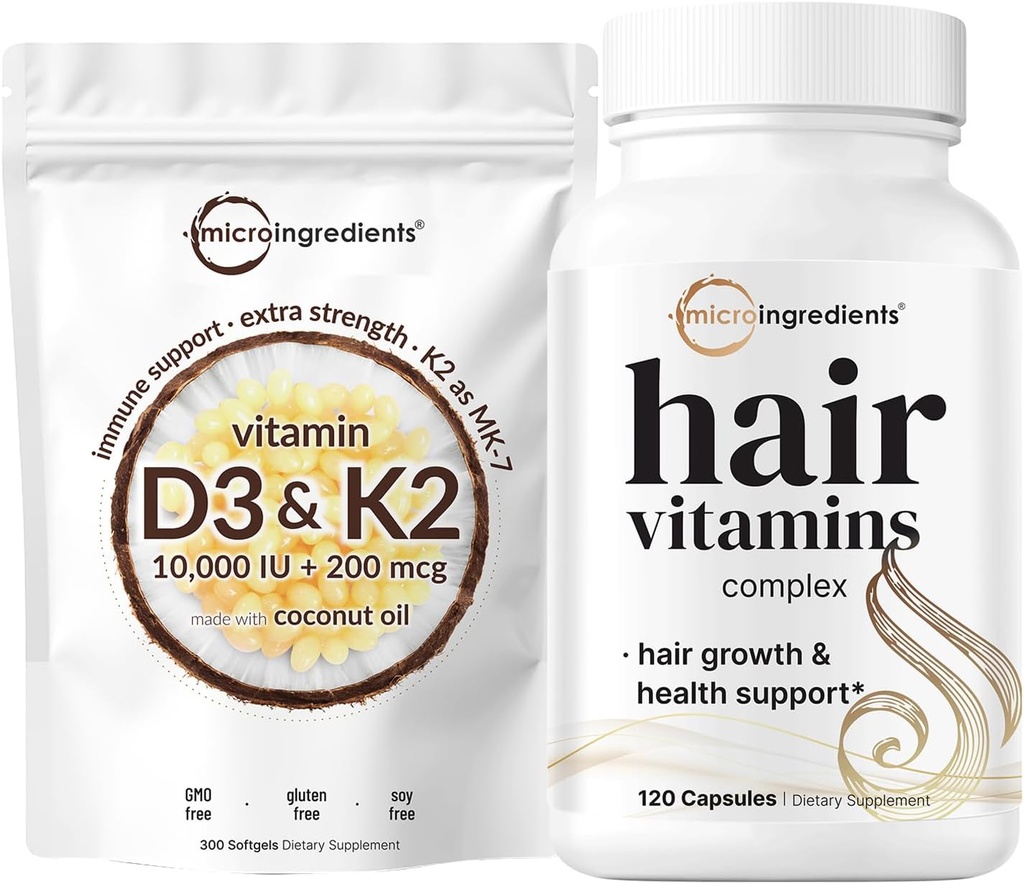 Micro Ingredients Vitamin D3 10,000iu + K2 200mcg Coconut Oil Softgels & Hair Vitamins Complex Capsules Bundle 2 Pack | Essential Sunshine Vitamins | 14-in-1 Advanced Hair Growth Support 2