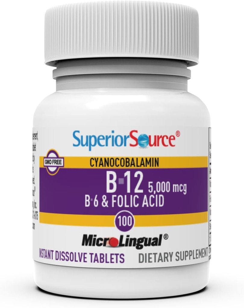 Superior Source No Shot Vitamin B-12 Cyanocobalamin 5000 mcg, B-6, Folic Acid 800 mcg - Support Brain & Heart Health - Aids Natural Energy Levels - 100 Sublingual Dissolving Tablets 5