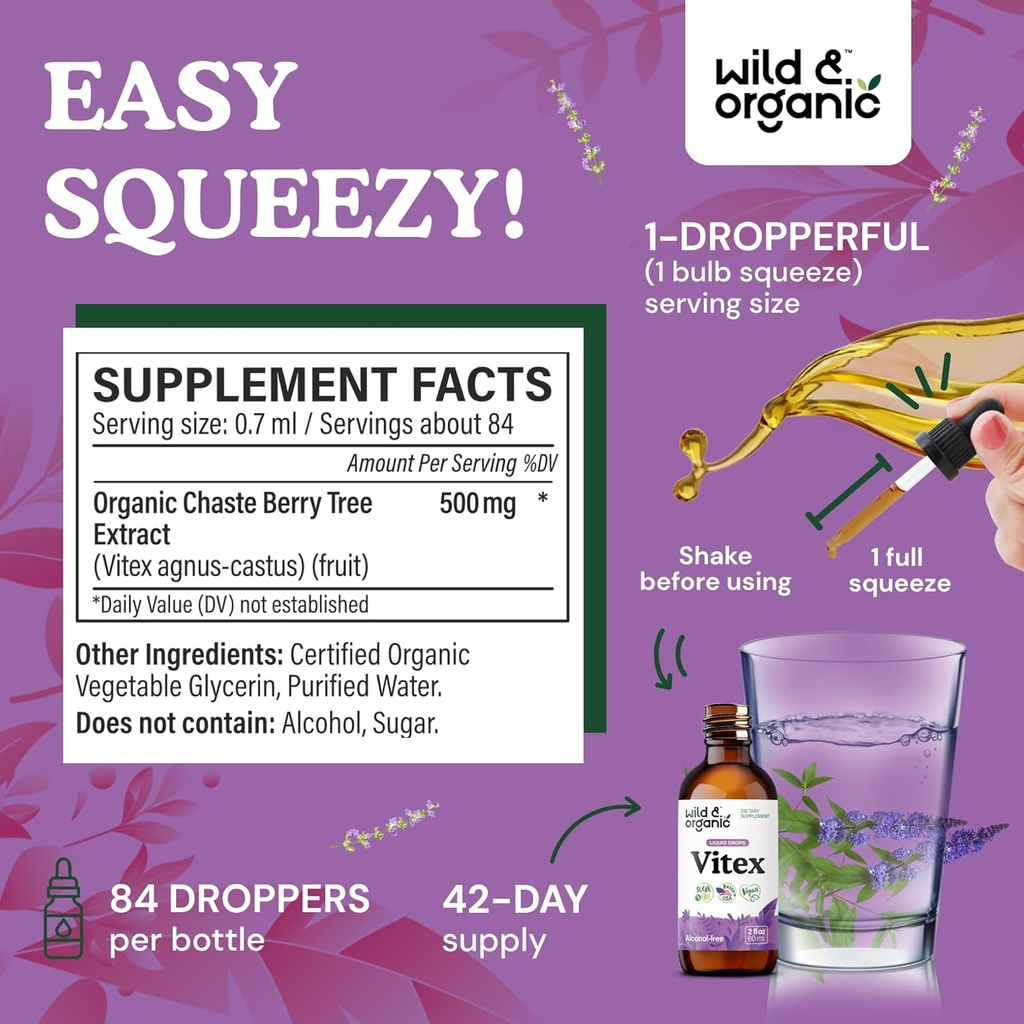 Wild & Organic Vitex Tincture - Vitex Chasteberry Supplement for Women - Liquid Chaste Tree Berry Extract for Good Mood - Vegan, Sugar & Alcohol-Free Herb Drops - 4 fl oz 4