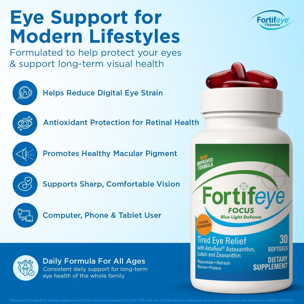 Fortifeye Focus Eye Care Supplement 90 Softgel Capsules - Triple Carotenoid Including Astaxanthin, Lutein, and Zeaxanthin Supplements, Eye Vitamins, Supports Eyes Fatigue and Blue Light Protection 3