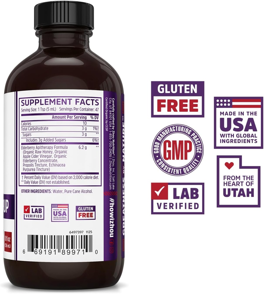 Zhou Nutrition Elder-Mune+ Syrup - Organic Black Elderbery Syrup for Adults, Immune Support Elixir with Apple Cider Vinegar, Echinacea Tincture, Natural Wellness - 8 Fl Oz Glass Bottle 3