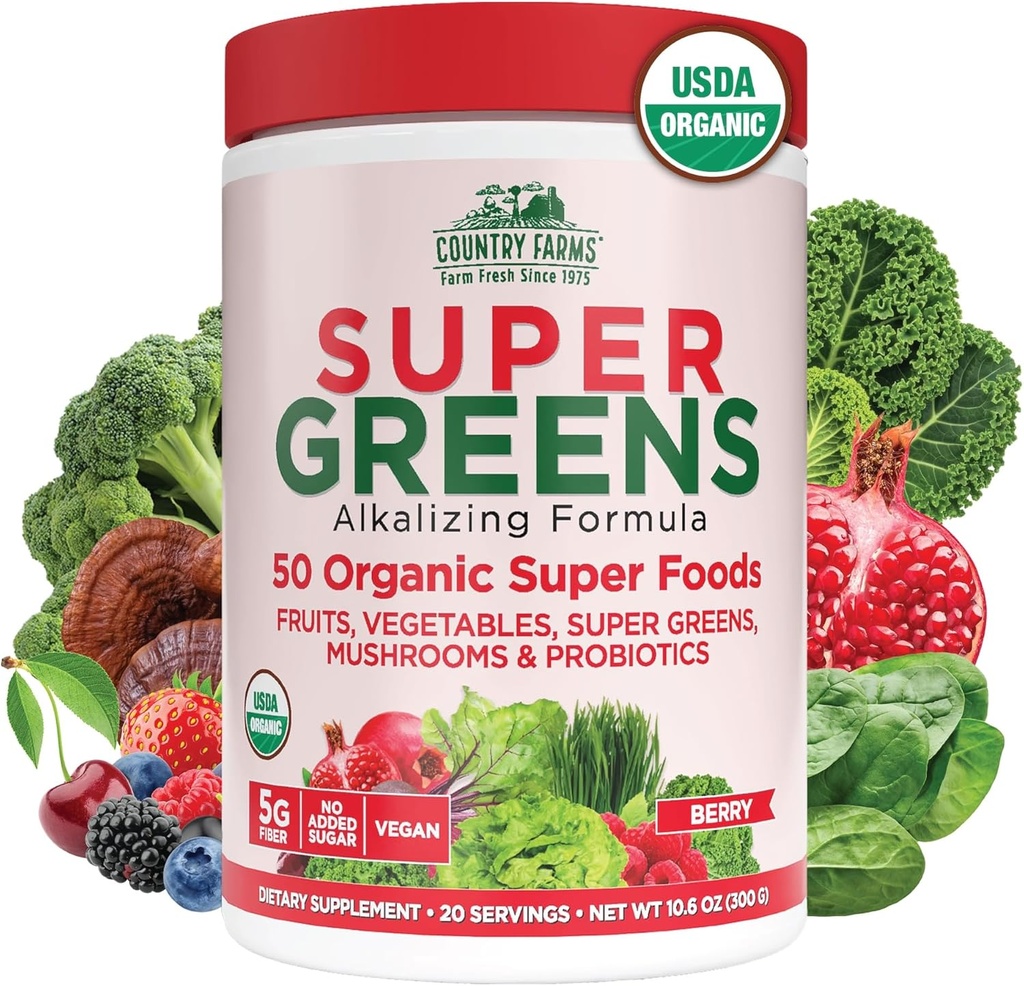 Country Farms Organic Super Greens Berry Flavor, 50 Organic Super Foods, Packed with Fiber, USDA Organic Drink Mix, Fruits, Vegetables, Mushrooms & Probiotics, Supports Energy, 5g Fiber 2