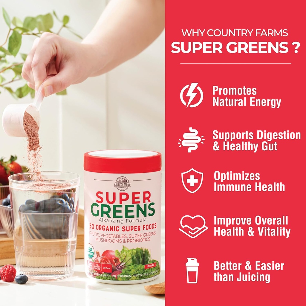 Country Farms Organic Super Greens Berry Flavor, 50 Organic Super Foods, Packed with Fiber, USDA Organic Drink Mix, Fruits, Vegetables, Mushrooms & Probiotics, Supports Energy, 5g Fiber 6