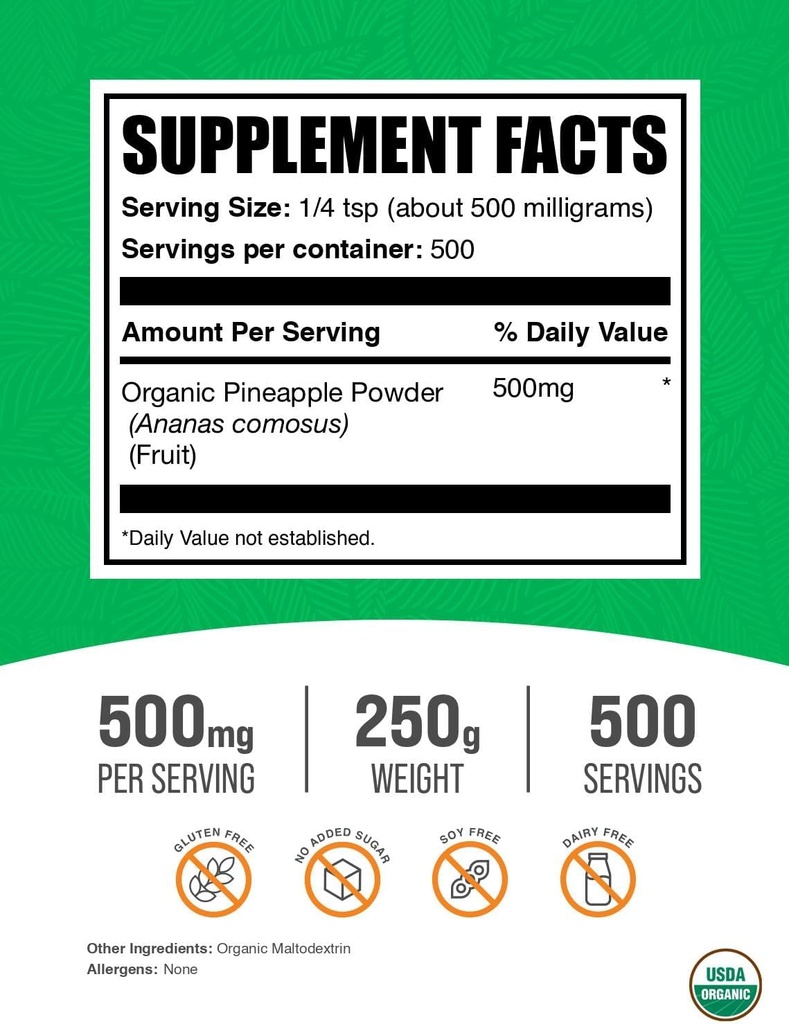 BulkSupplements.com Organic Pineapple Powder - Pineapple Fruit Powder, for Flavoring & Smoothies - Unsweetened & Gluten Free, 500mg per Serving, 250g (8.8 oz) (Pack of 1) 3