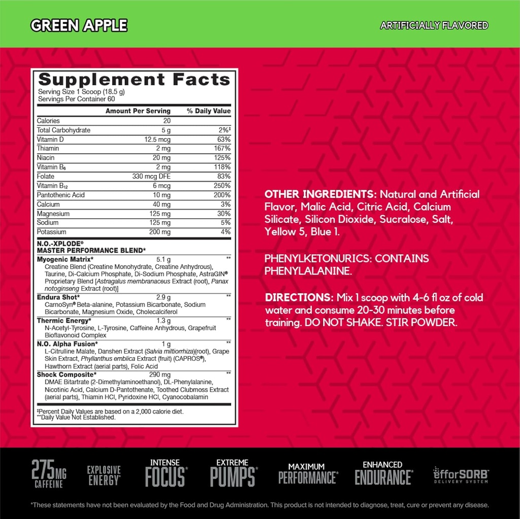 BSN N.O.-XPLODE Pre Workout Powder, Energy Supplement for Men and Women with Creatine and Beta-Alanine, Flavor: Green Apple, 60 Servings 3