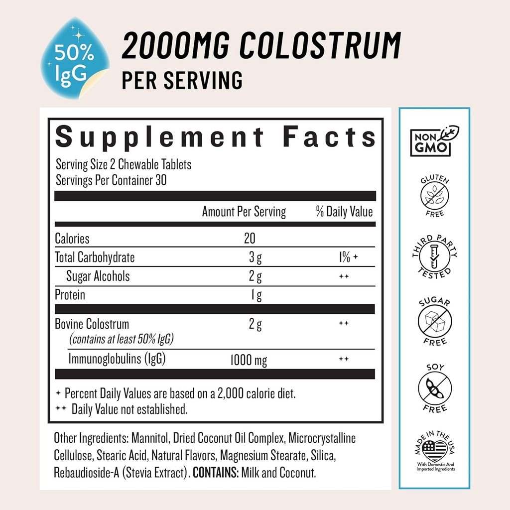 Legendairy Milk Colostrum Supplement - Premium Bovine Colostrum for Humans - 50% IgG Immunoglobulin for Immune Support & Gut Health - Energy & Muscle Recovery - Vanilla Chewable Tablets, 30 Servings 3