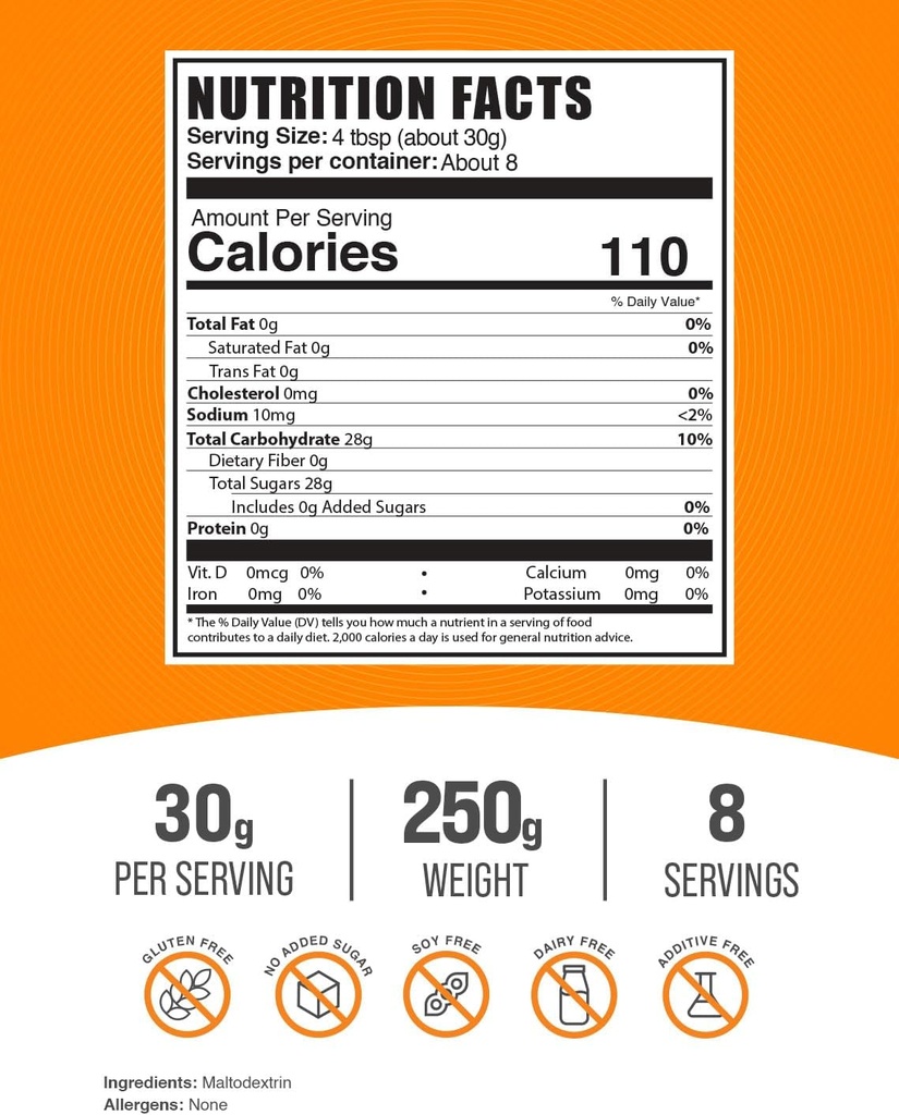 BulkSupplements.com Maltodextrin Powder - Maltodextrin Supplement for Energy Boost, Food Grade - Unflavored & Gluten Free, 30g per Serving, 250g (8.8 oz) (Pack of 1) 3