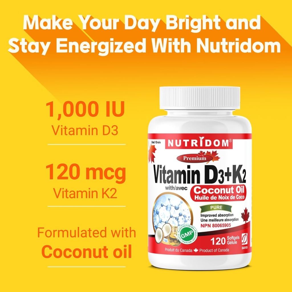 Nutridom Vitamin D3 + K2 with Coconut Oil (120 Softgels) 3