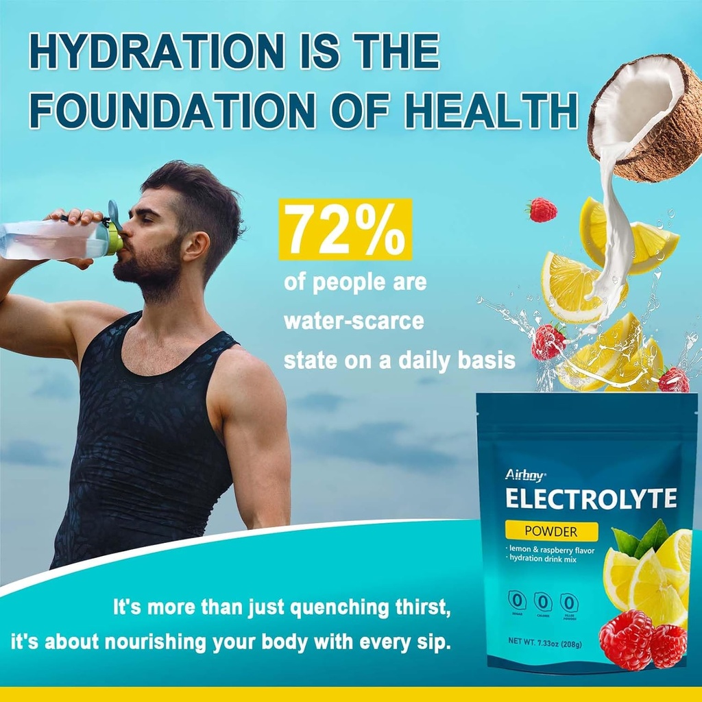 Airboy Electrolytes Powder No Sugar, Keto Electrolyte Mix, 1000 mg of Potassium, Low Sodium, Lemon Raspberry Flavor Hydration Drink Supplement for Dehydration Relief and Rehydration, 32Servings 5