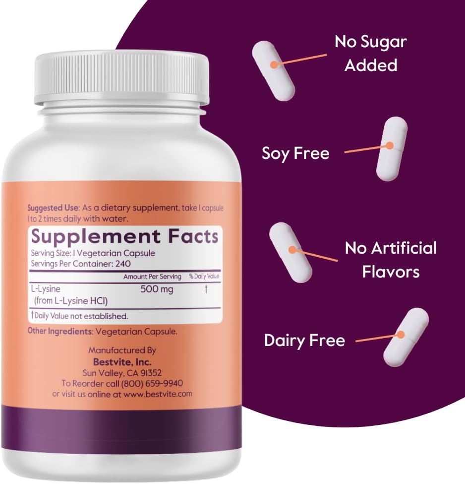 BESTVITE Filler-Free L-Lysine 500mg (240 Veg Capsules) - Vegan - No Stearates or Fillers - Non GMO - Gluten Free - No Dicalcium Phosphate - Amino Acid Supporting Skin, Lip & Immune Health* 4