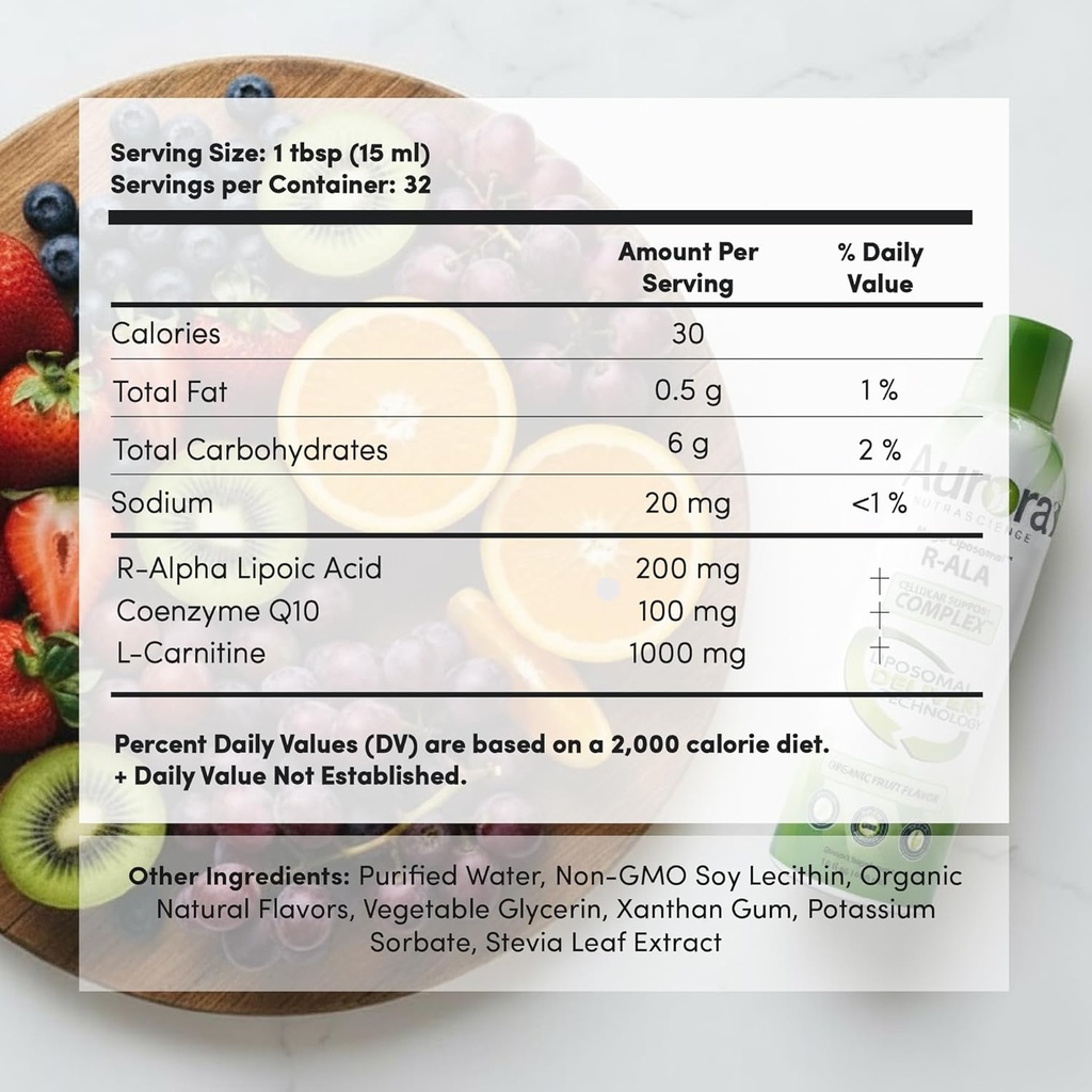 Aurora Nutrascience Mega-Liposomal R-ALA Cellular Support Complex, 200mg R-Alpha Lipoic Acid, Gluten Free, Non-GMO, Sugar Free, Organic, Fruit Flavor, 32 Servings, 16 fl oz 3
