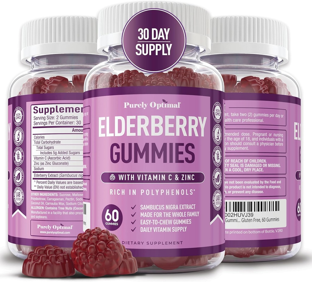 Purely Optimal Elderberry Gummies - Immune Support Supplement with Vitamin C & Zinc, Organic Black Elderberry Extract, Vegan, Non-GMO, Gluten-Free, 60 Count 2