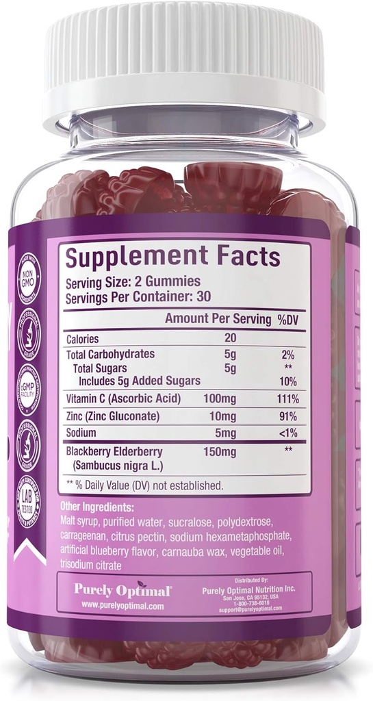 Purely Optimal Elderberry Gummies - Immune Support Supplement with Vitamin C & Zinc, Organic Black Elderberry Extract, Vegan, Non-GMO, Gluten-Free, 60 Count 4