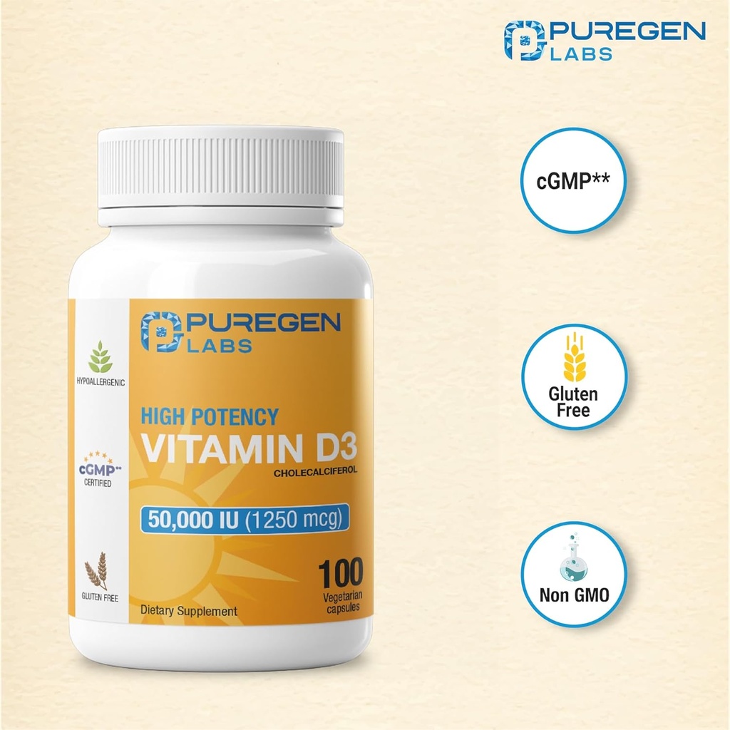 Puregen Labs Vitamin D3 50,000 IU (1250 mcg) 100 Weeks Supply for Healthy Muscle Function, and Immune Support, Non-GMO, Gluten Free 100 Vegetable Capsules 4