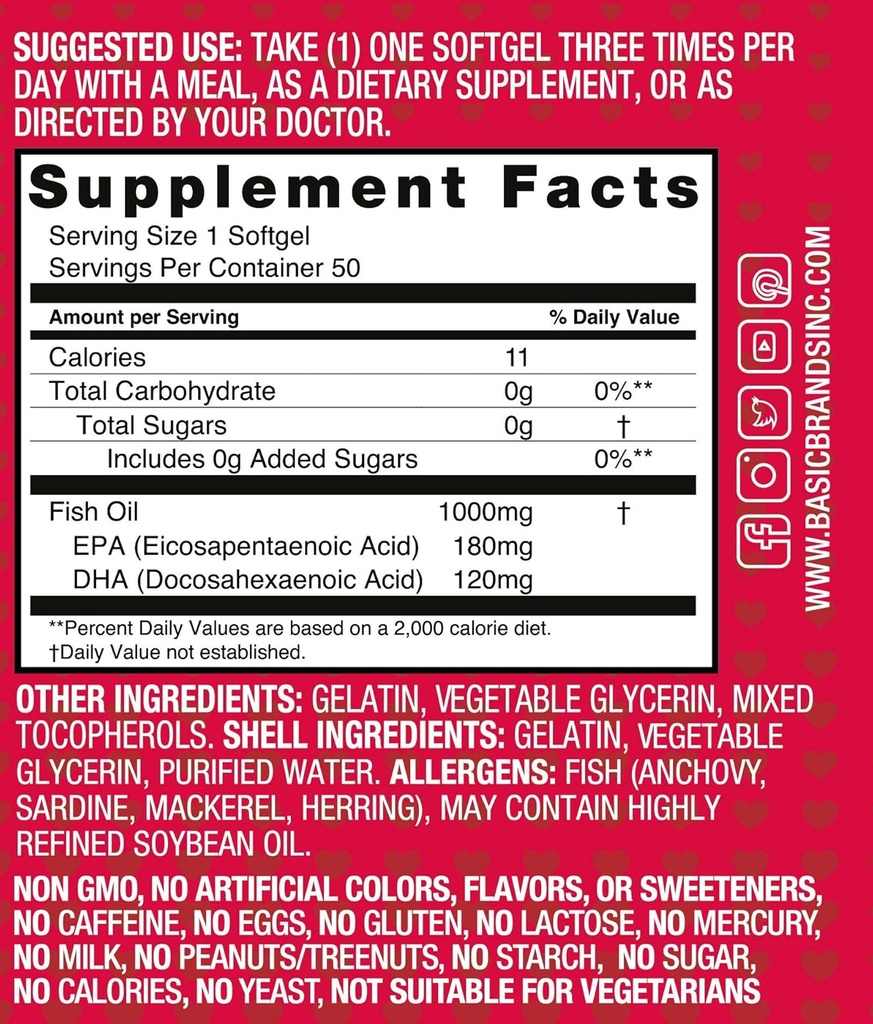 Basic Brands Smart Heart Omega-3 Fish Oil 1000mg - Triple Strength EPA & DHA, Non-GMO, Heart & Cognitive Support - 50 Burpless Softgels - 2-Pack 6
