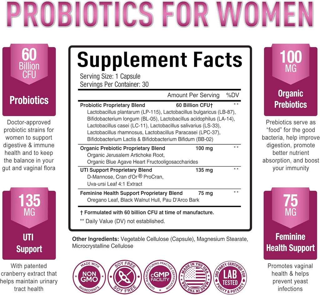 Purely Optimal Women’s Probiotics 60 Billion CFU – Supports Digestive & Vaginal Health, Odor Control, pH Balance – with Prebiotics & Cranberry – Shelf-Stable Probiotics for Women, 30 Capsules 3