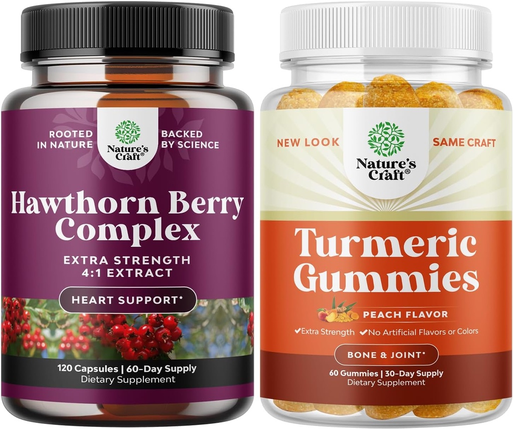 Bundle of Extra Strength Hawthorn Berry Capsules - Heart Health Supplement and Turmeric Curcumin Immune Support Gummies - Immune Booster Turmeric Gummies for Joint Support and Advanced Skin Care 2