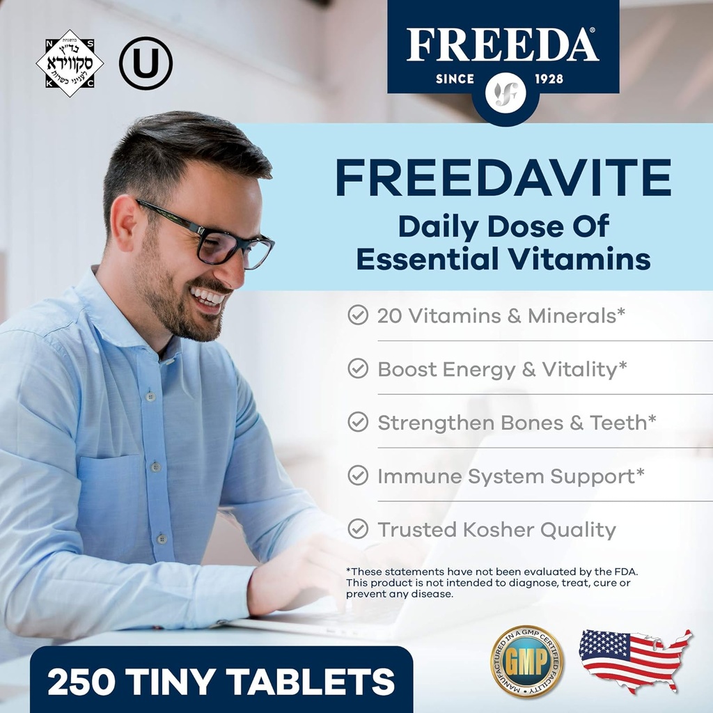 Freedavite Tiny Tablet - Moderate Multivitamin for Men and Women - Pure Vitamin A, C, D, E, B1, B2, B6, B12, Biotin, Calcium, Zinc, Iron, Magnesium, Manganese, Copper, Selenium, Iodine - 250 Count 3