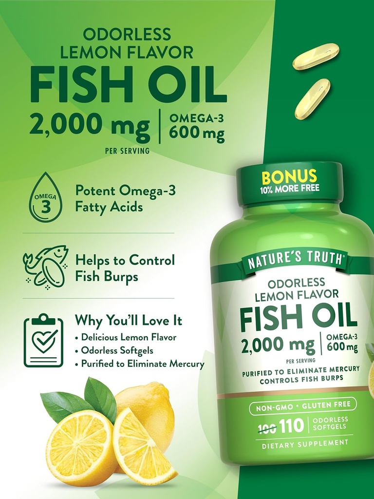 Nature's Truth Fish Oil 2000mg | 110 Softgels | Omega-3 | Lemon Flavor | Non-GMO & Gluten Free Supplement 6