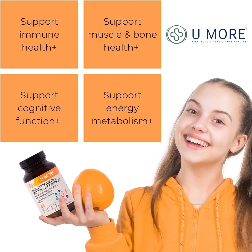 U-MORE Multivitamin & Mineral Complex, Vegan, Sugar-Free, Gluten-Free, Calcium, Magnesium, Vitamin A, B1, B2, B5, B6, B12, D3, K, C, Iron, Zinc, Supports Immune System & Overall Health - 60 Tablets 6