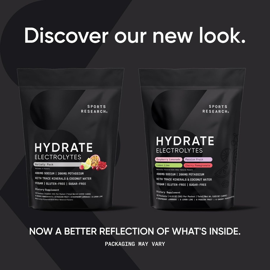 Sports Research® Hydrate Electrolytes Powder Packets - Sugar-Free & Naturally Flavored with Vitamins, Minerals, and Coconut Water - Supports Hydration - 32 Packets - Variety Pack 3