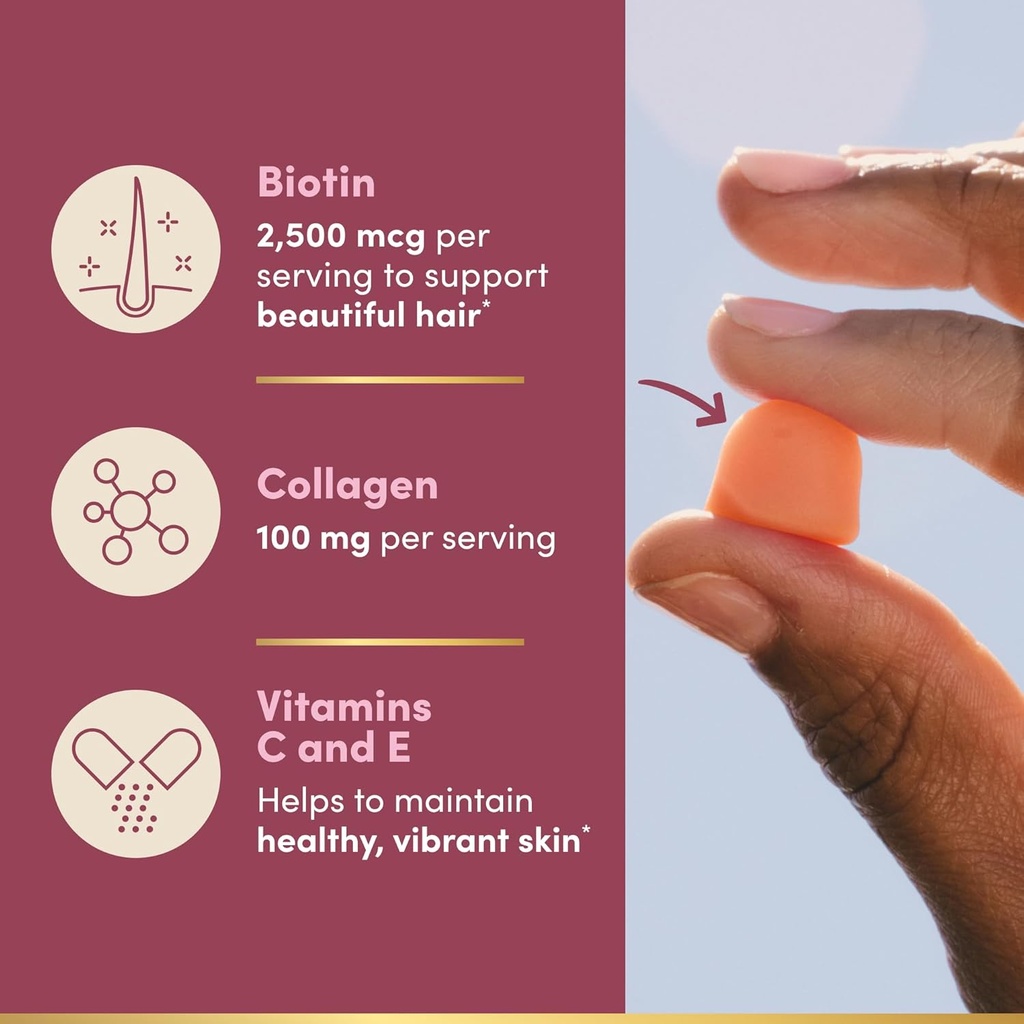 Nature's Bounty Optimal Solutions Hair, Skin and Nails Collagen Pectin Gummies, 100 mg Collagen and 2,500 mcg Biotin Per Serving, No Stick Gummy, Tropical Citrus Flavor, 200 ct, 100 Total Servings 5