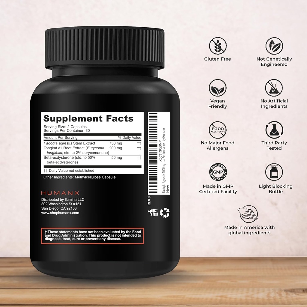 HUMANX Fadogia Agrestis, Tongkat Ali & Beta Ecdysterone 1000mg - USA Third Party Tested Supplement - Powerful Extracts to Support Athletic Performance & Muscle Mass - Veggie Capsules Supplements 3