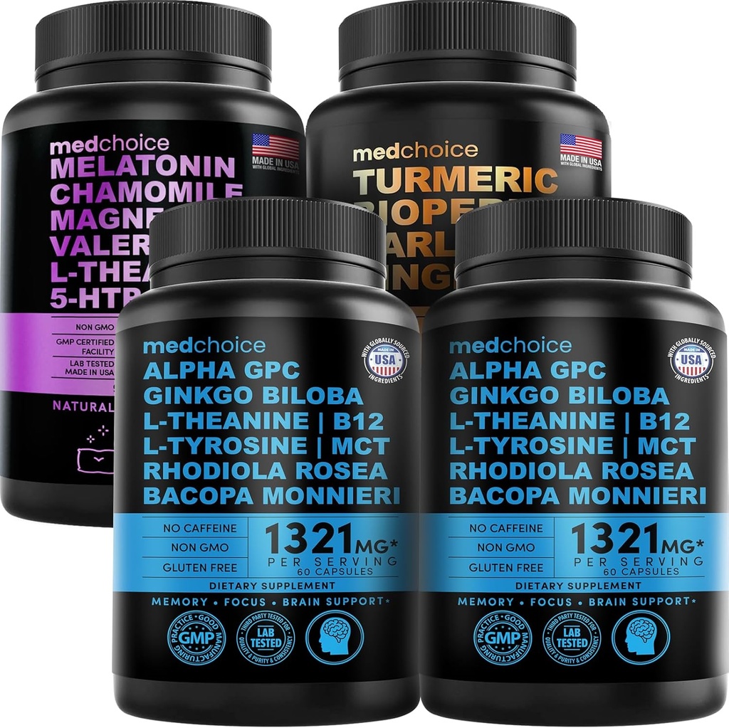 MEDCHOICE Sleep Melatonin (90ct), Turmeric & Ginger (120ct), and Nootropic Brain (120ct) Supplement Bundle - Wellness Trio for Brain, Sleep, & Immune Support - Vegan, Non-GMO, Gluten-Free 2