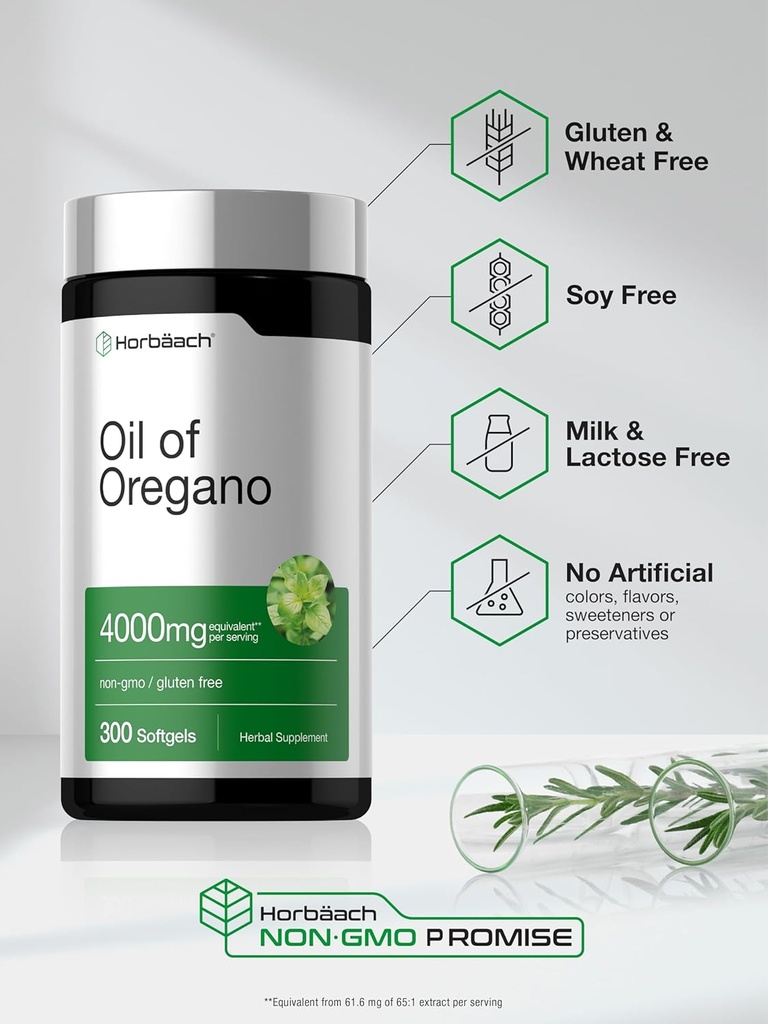 Horbäach Oregano Oil | 4000mg | 300 Softgel Capsules | Naturally Occurring Carvacrol Pills | Non-GMO and Gluten Free Extract Supplement 6