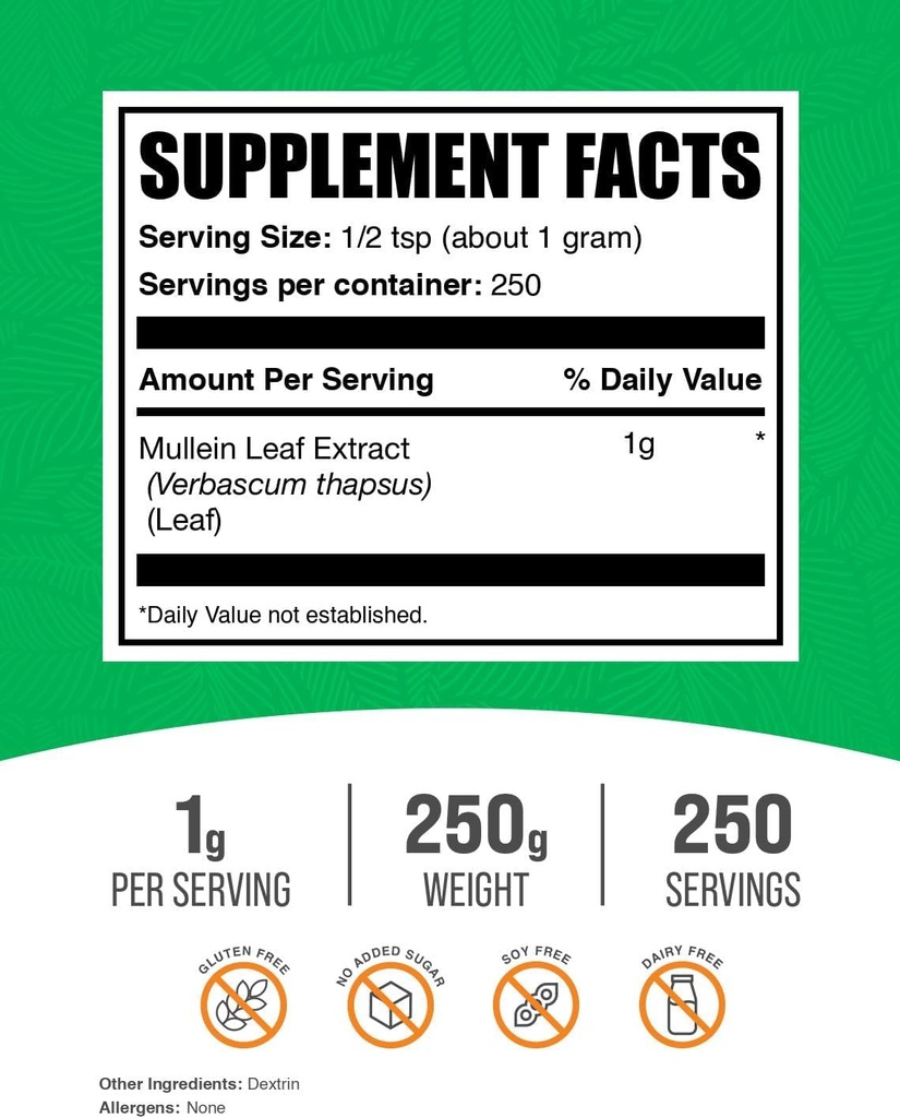 BulkSupplements.com Mullein Leaf Extract - Verbascum Thapsus, Mullein Supplement - Herbal Supplement for Immune Support - Gluten Free, 1g per Serving, 250g (8.8 oz) (Pack of 1) 3