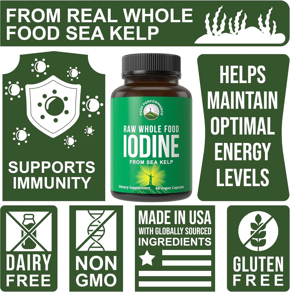 Raw Whole Food Iodine Supplement from Organic Kelp (Ascophyllum Nodosum) by Peak Performance. Potassium Iodide Support Tablets. for Metabolism, Energy, and Immune. 120 Vegan Capsules, Pills. 4