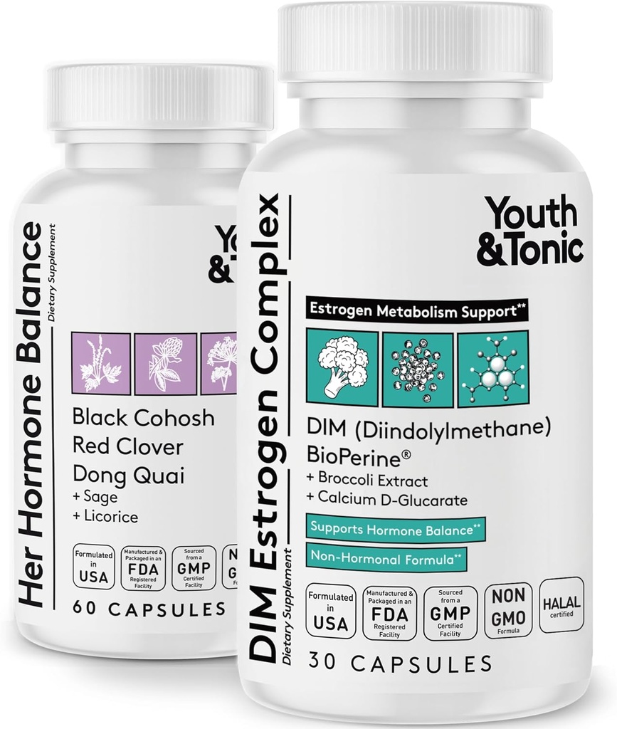 Youth & Tonic Menopause & PMS Support for Women Through Balanced Estrogen Metabolism – 90 Pills with DIM Black Cohosh Red Clover Dong Quai Soy Isoflavones 2