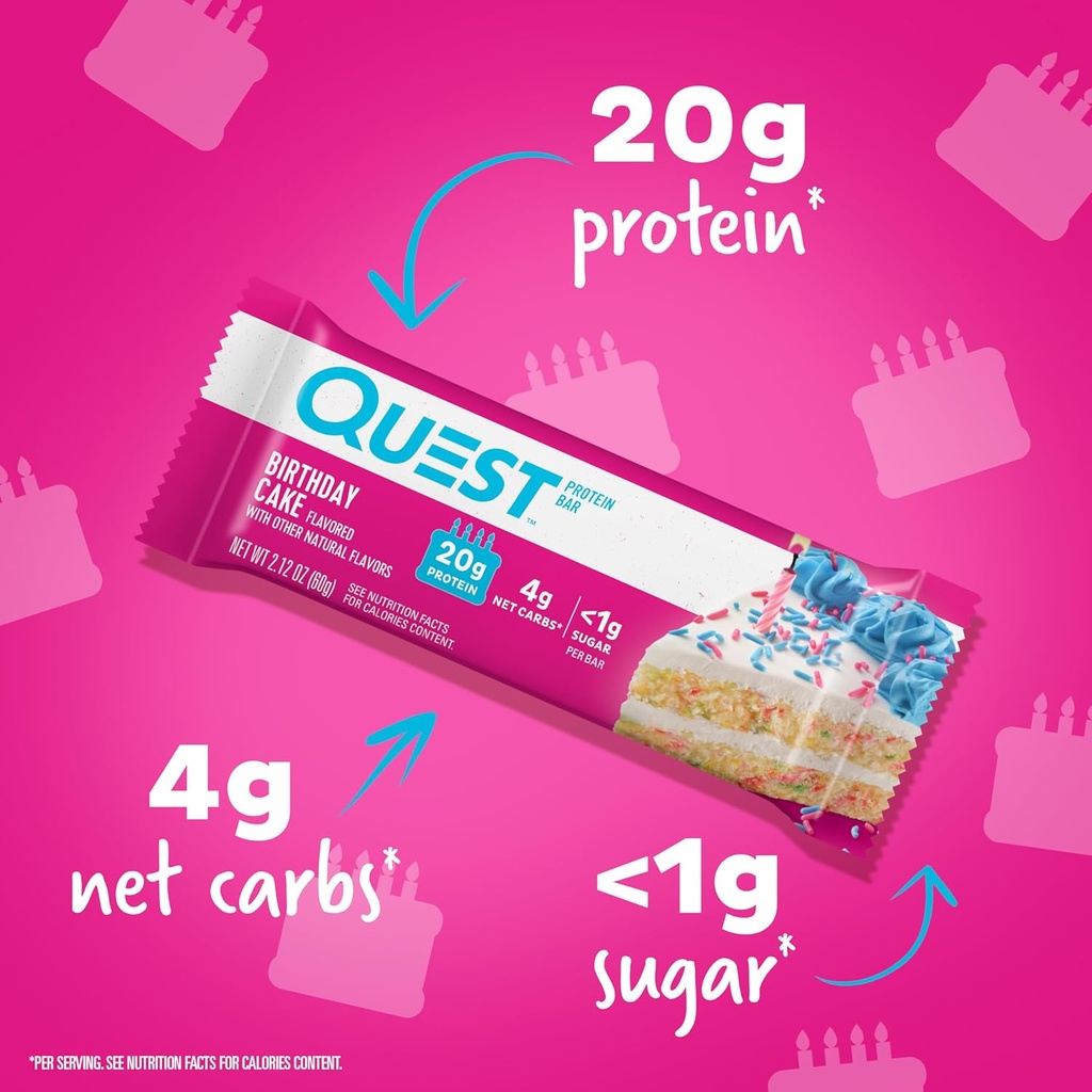 Quest Nutrition Birthday Cake Protein Bars, 20g Protein, 1g Sugar, 4g Net Carbs, Gluten Free, Keto Friendly, 12 Count 3