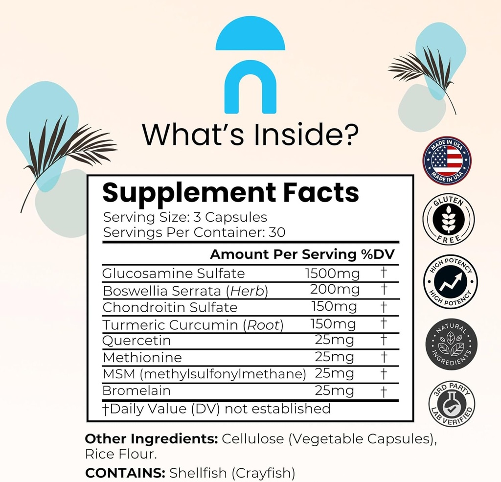 NutriRise Glucosamine Chondroitin Quercetin & MSM with Turmeric Curcumin 2100mg Triple Strength Joint Support Supplement for Women & Men with Boswellia & Bromelain, Gluten Free, Non GMO, 90 Count 3